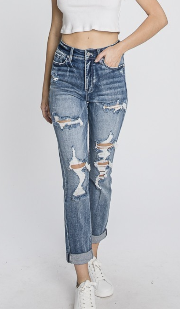 Distressed Super High Stretch Mom Jean