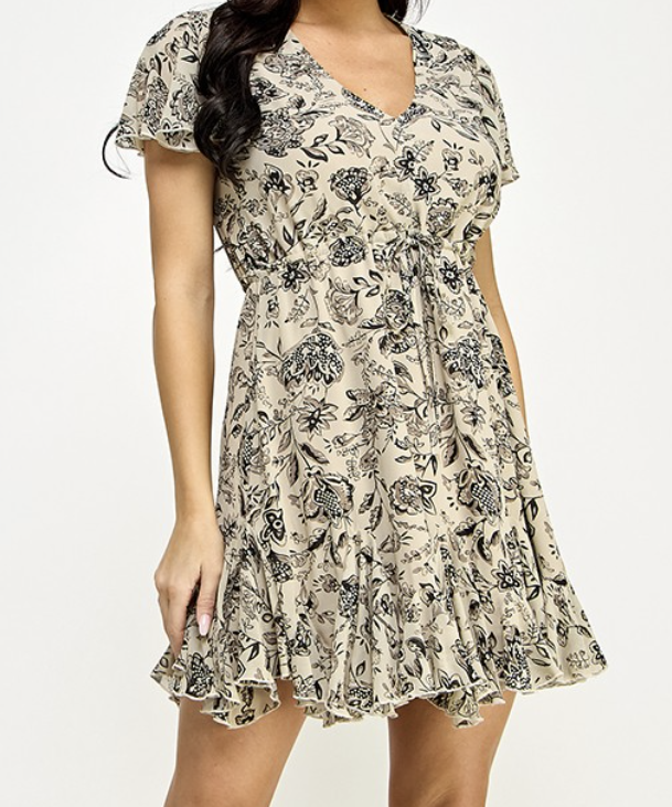 Floral Print Short Sleeve Ruffle Dress