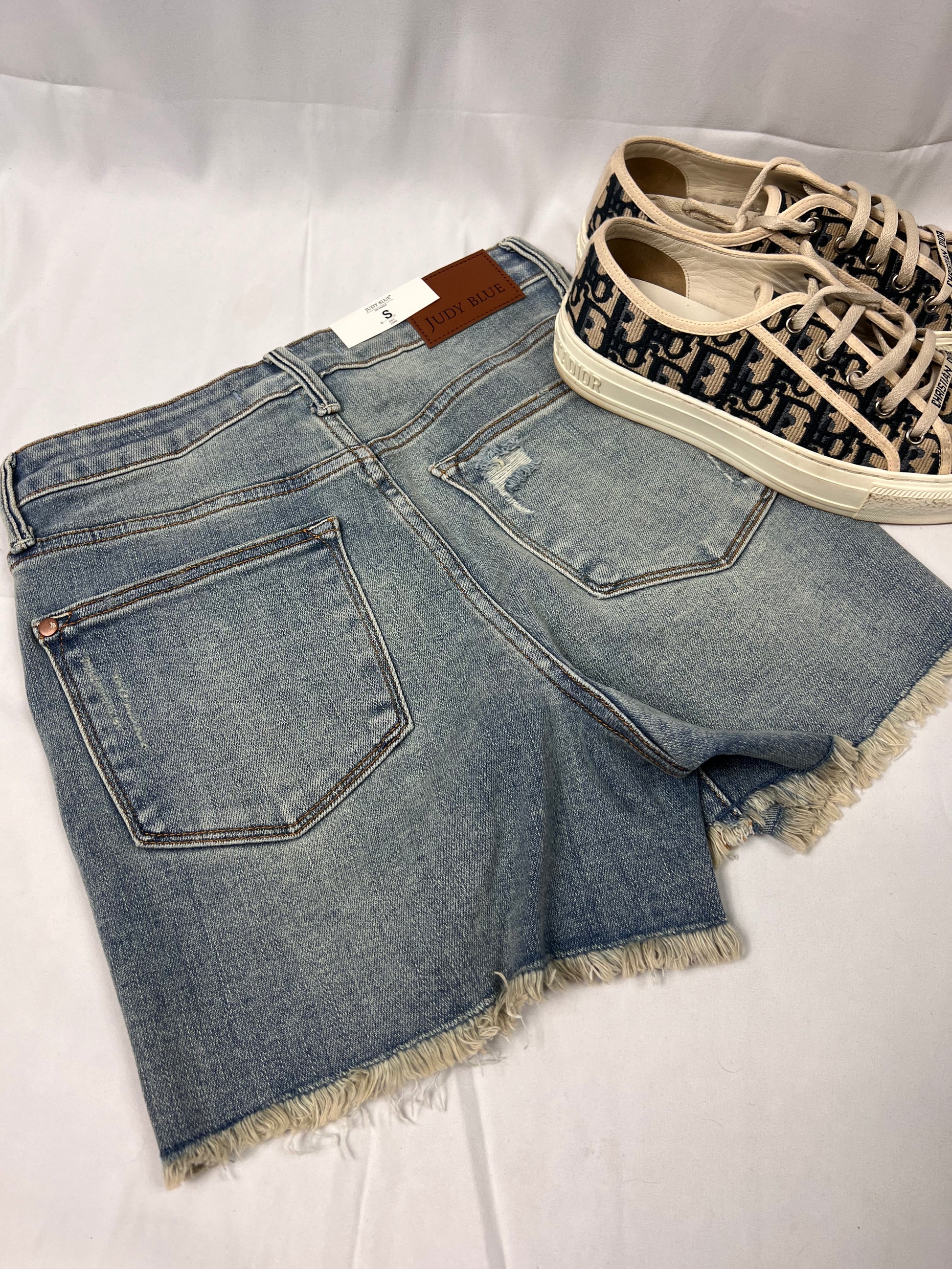 High waisted Vintage Wash Fly Stitch Detail & Destroy Shorts