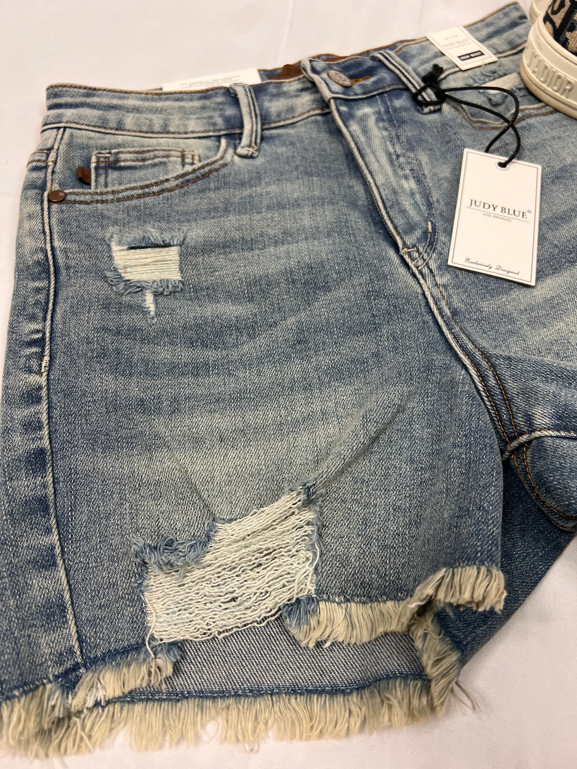High waisted Vintage Wash Fly Stitch Detail & Destroy Shorts