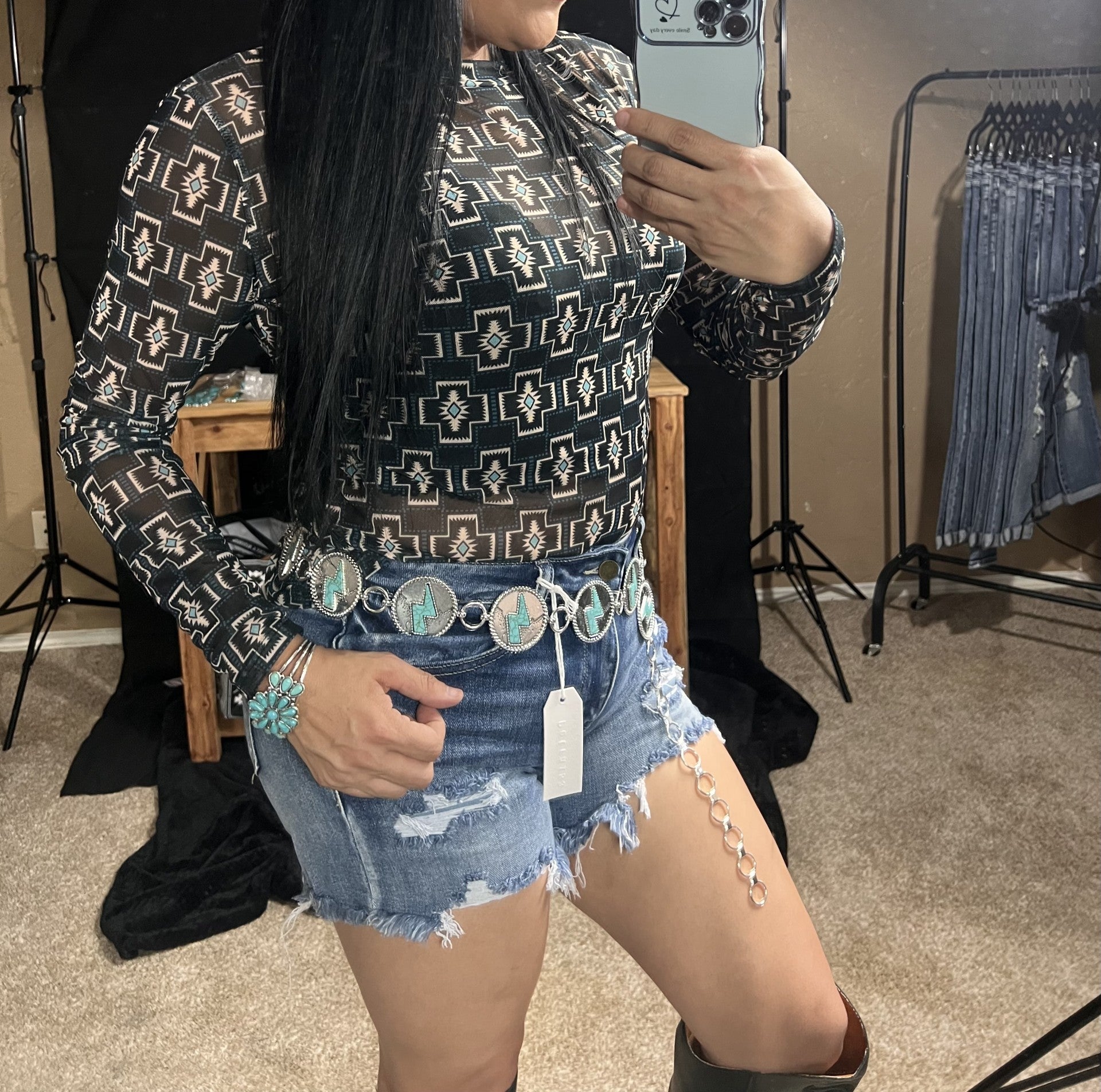 Black Aztex Long Sleeve Mesh Top