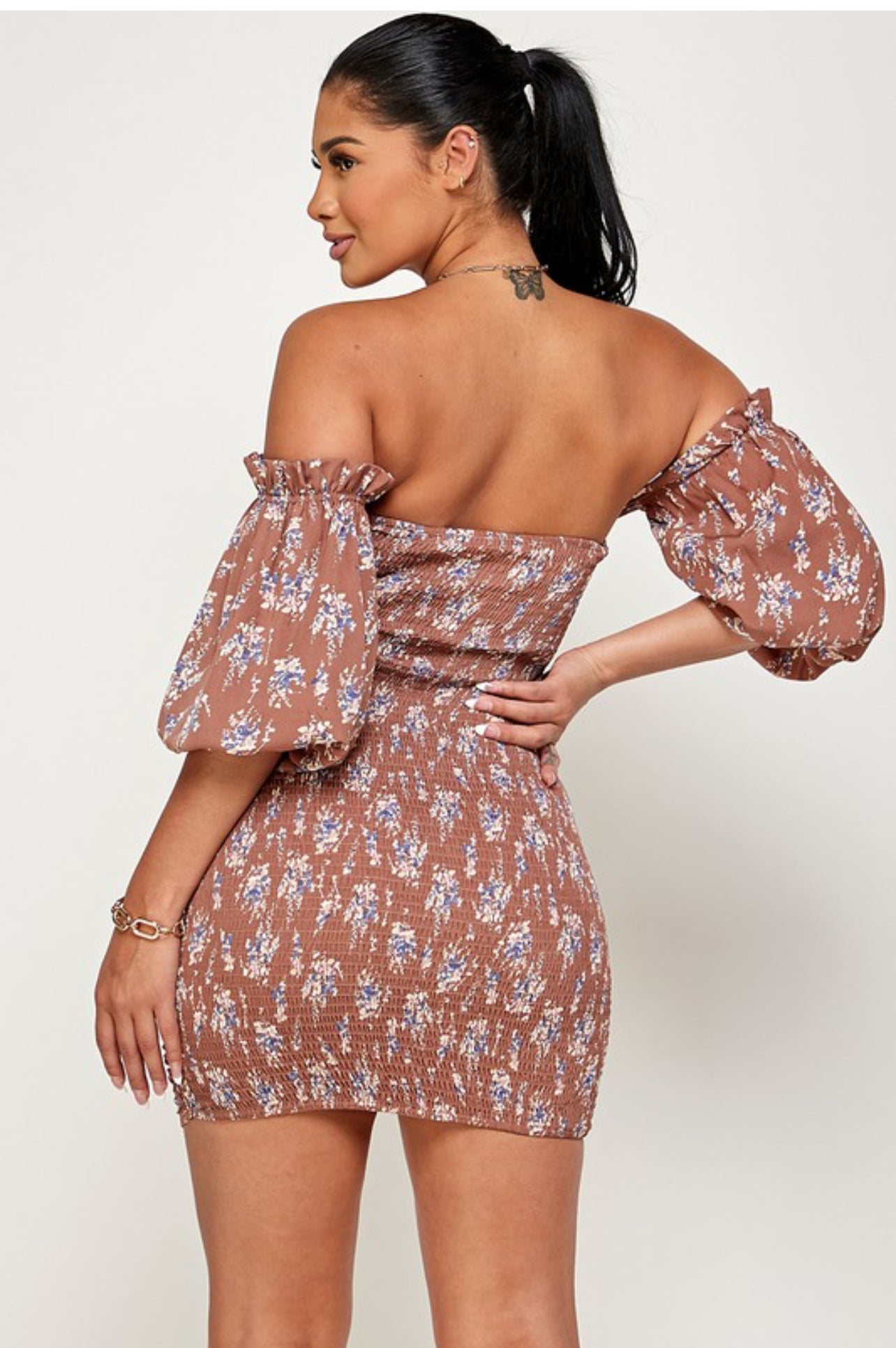 Floral Ruched Dress Brown