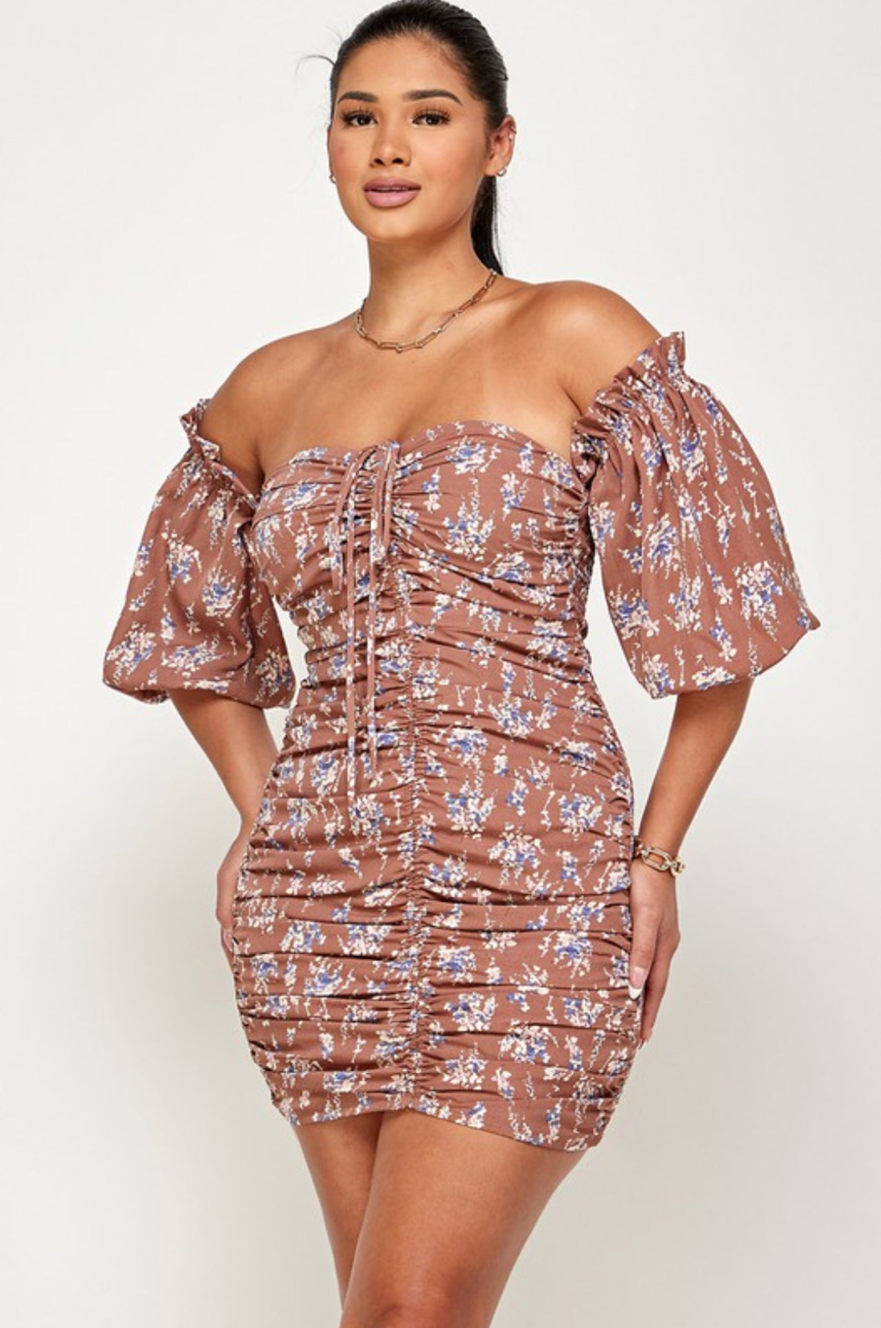 Floral Ruched Dress Brown