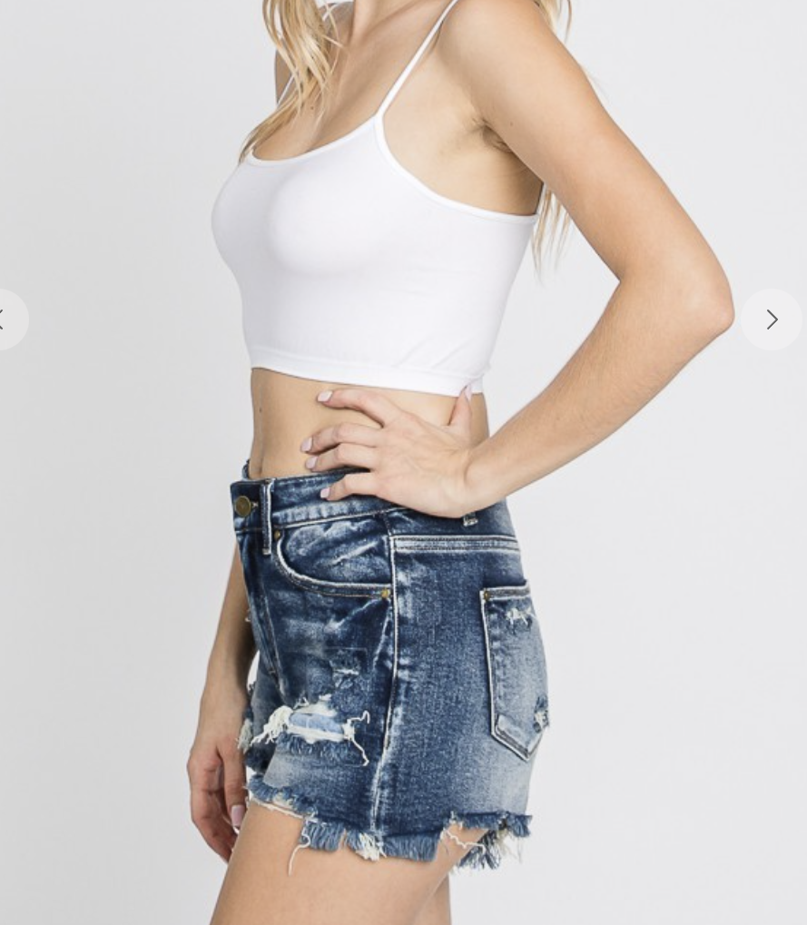 High Rise Stretch Patched shorts w/frayed hem