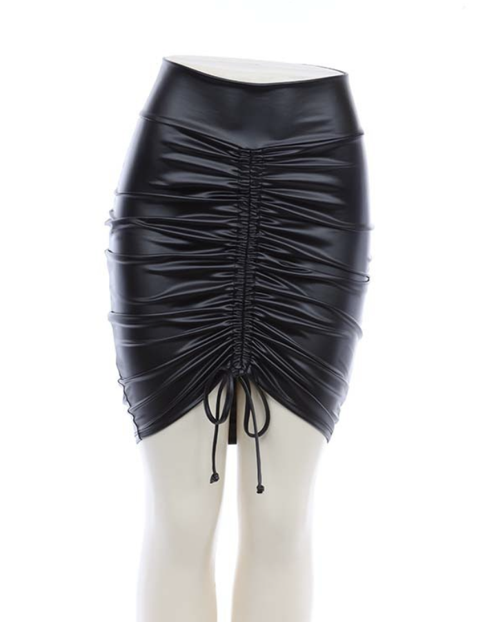 High Waist Drawstring Leather short skirt stretch