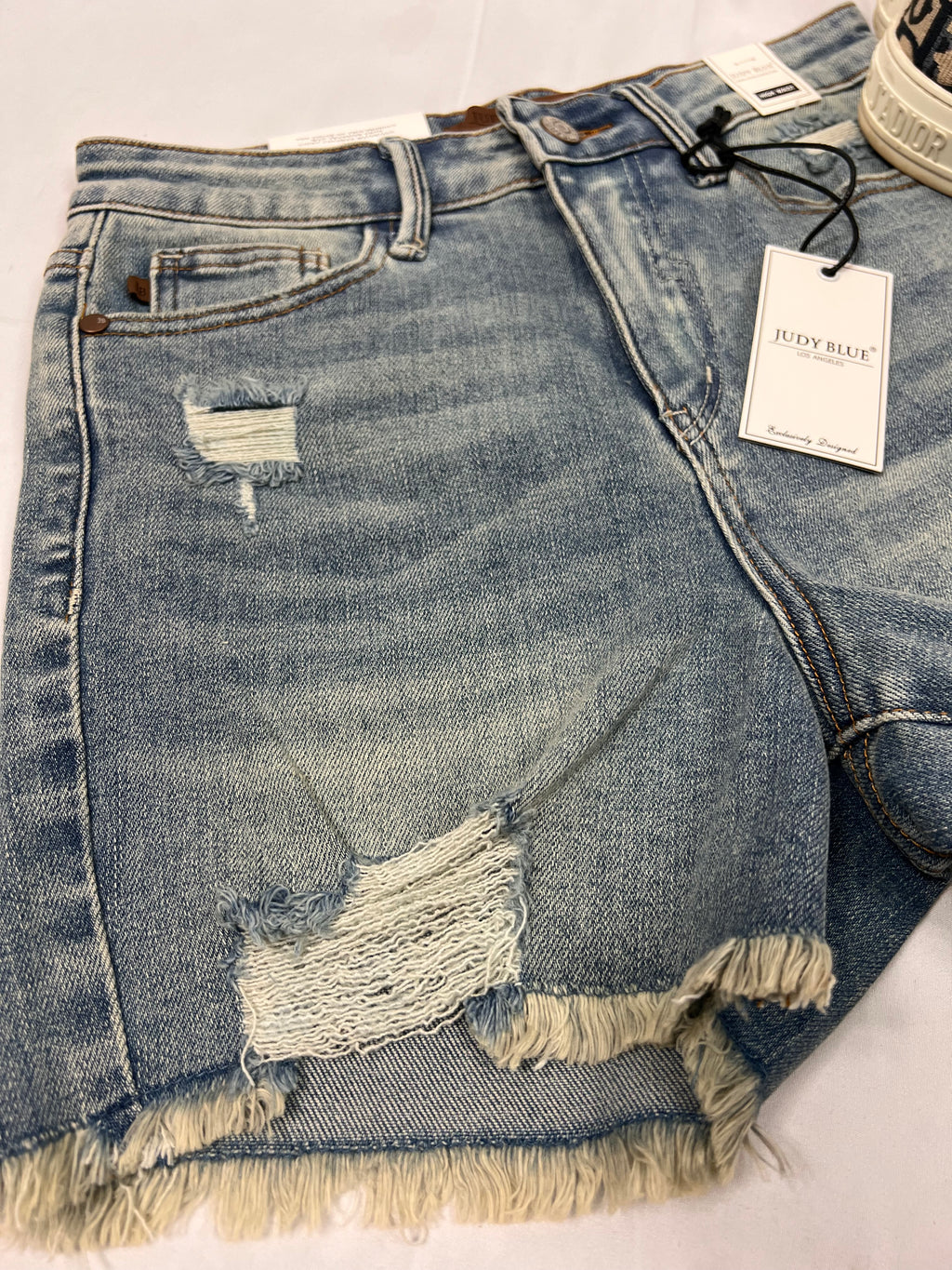 High waisted Vintage Wash Fly Stitch Detail & Destroy Shorts