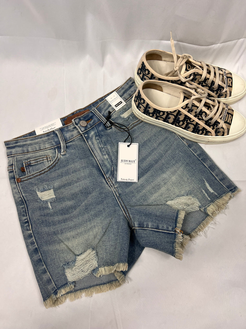 High waisted Vintage Wash Fly Stitch Detail & Destroy Shorts