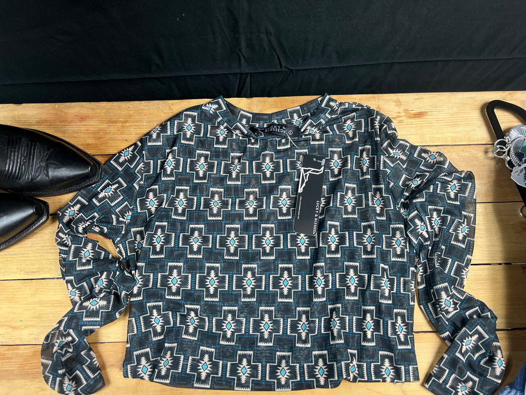 Black Aztex Long Sleeve Mesh Top