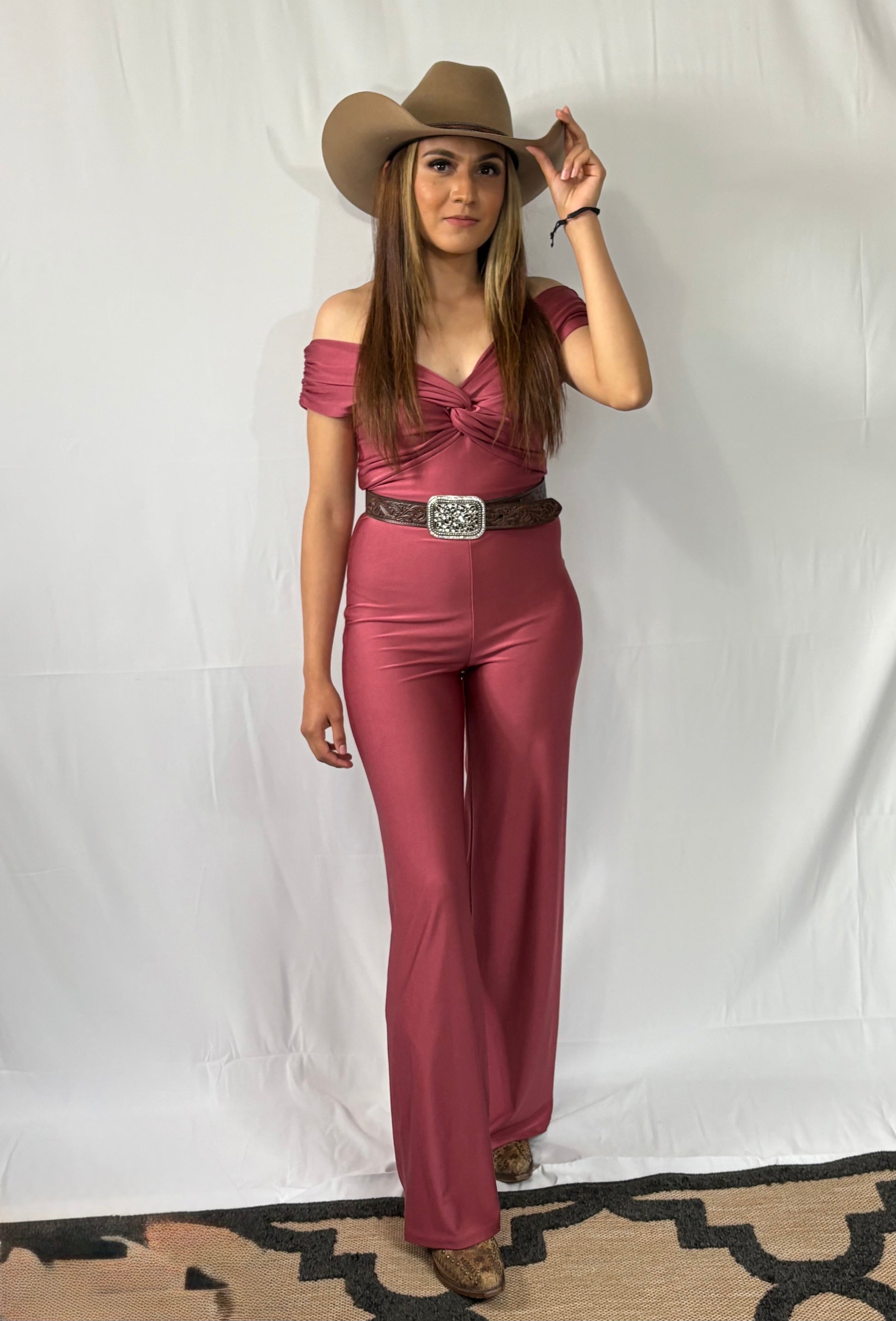 Pink off shoulder jumpsuit