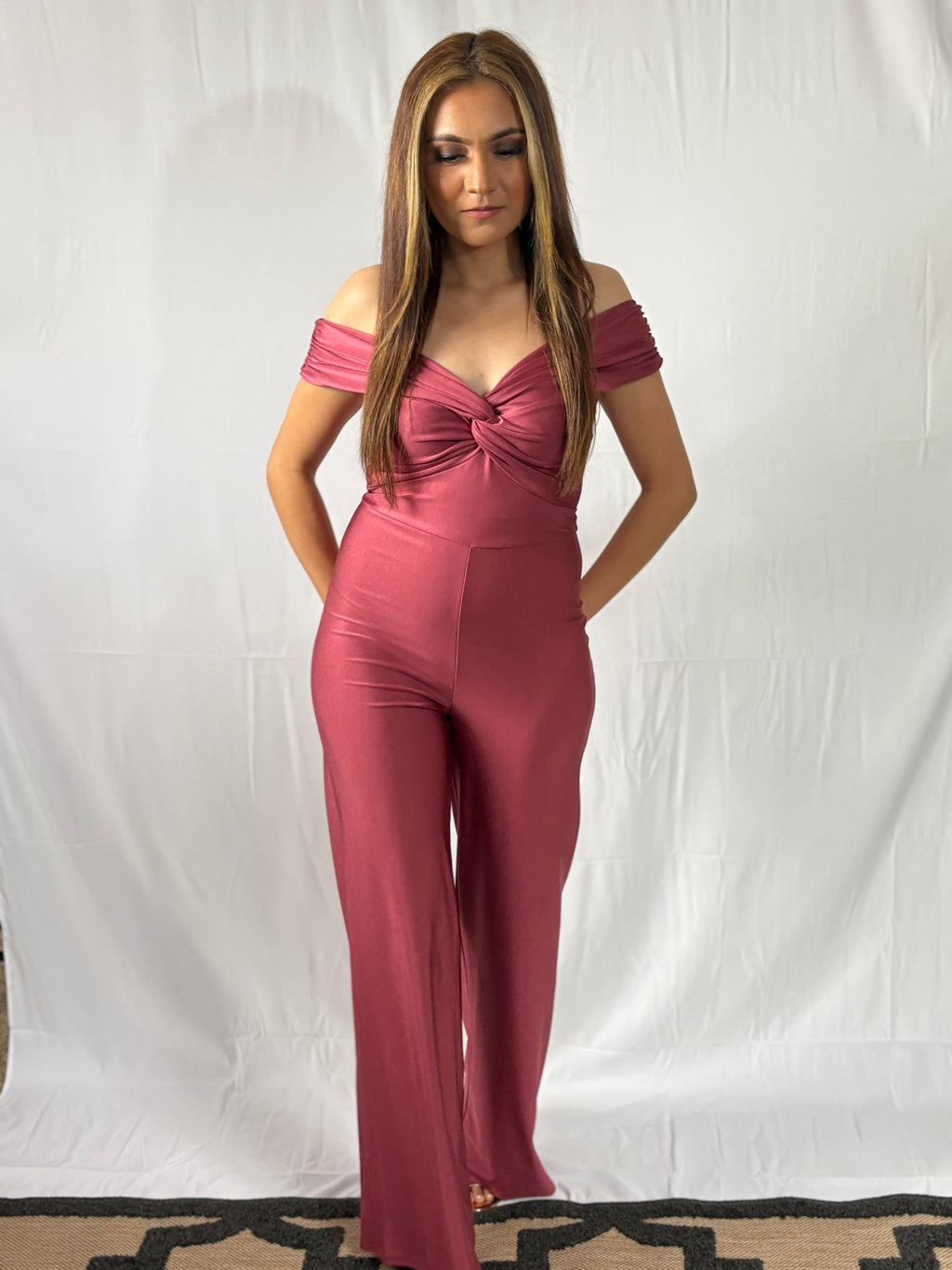 Pink off shoulder jumpsuit