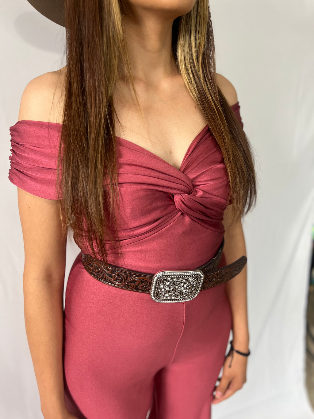Pink off shoulder jumpsuit