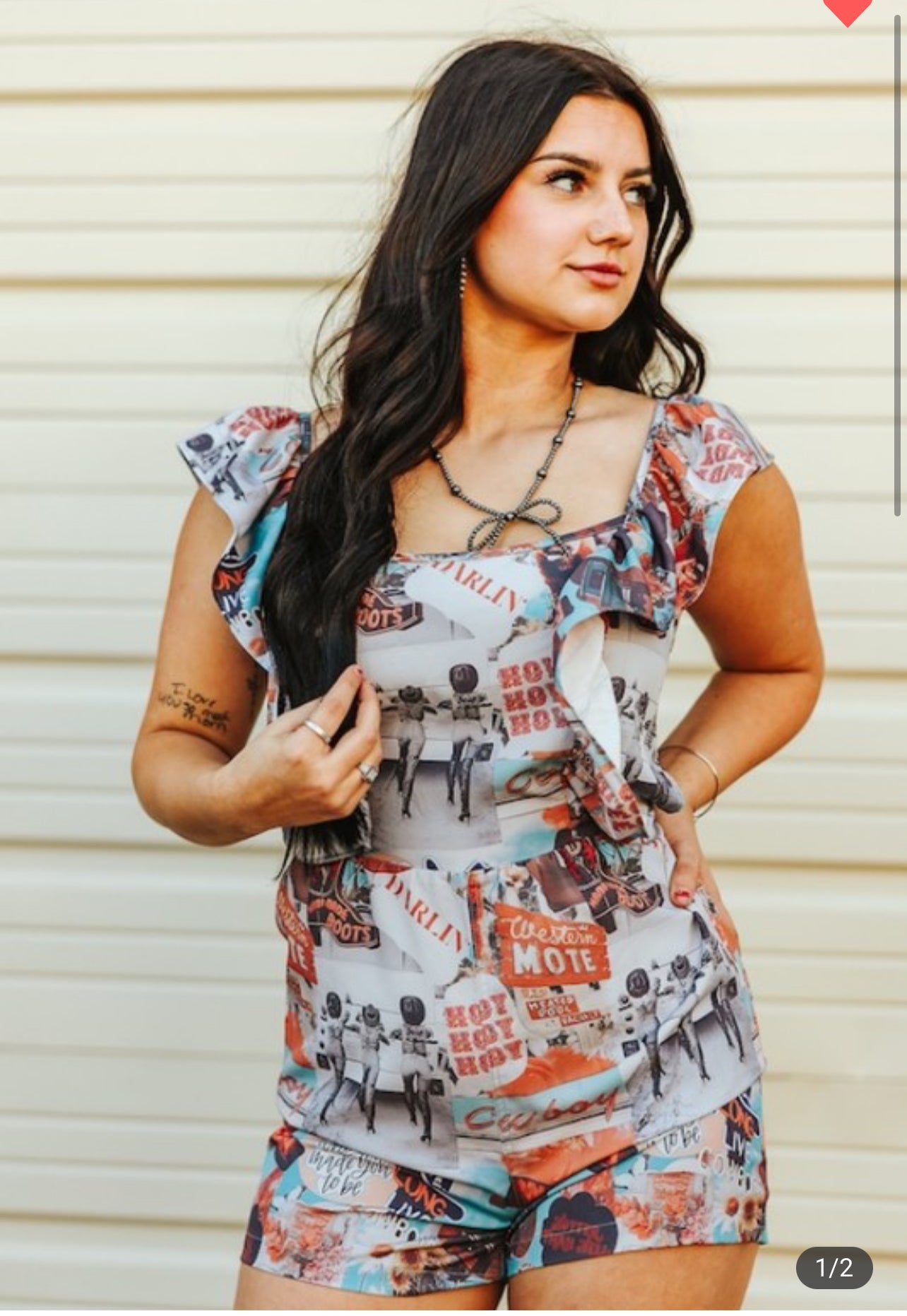 Western collage Double layered ruffle sleeve romper